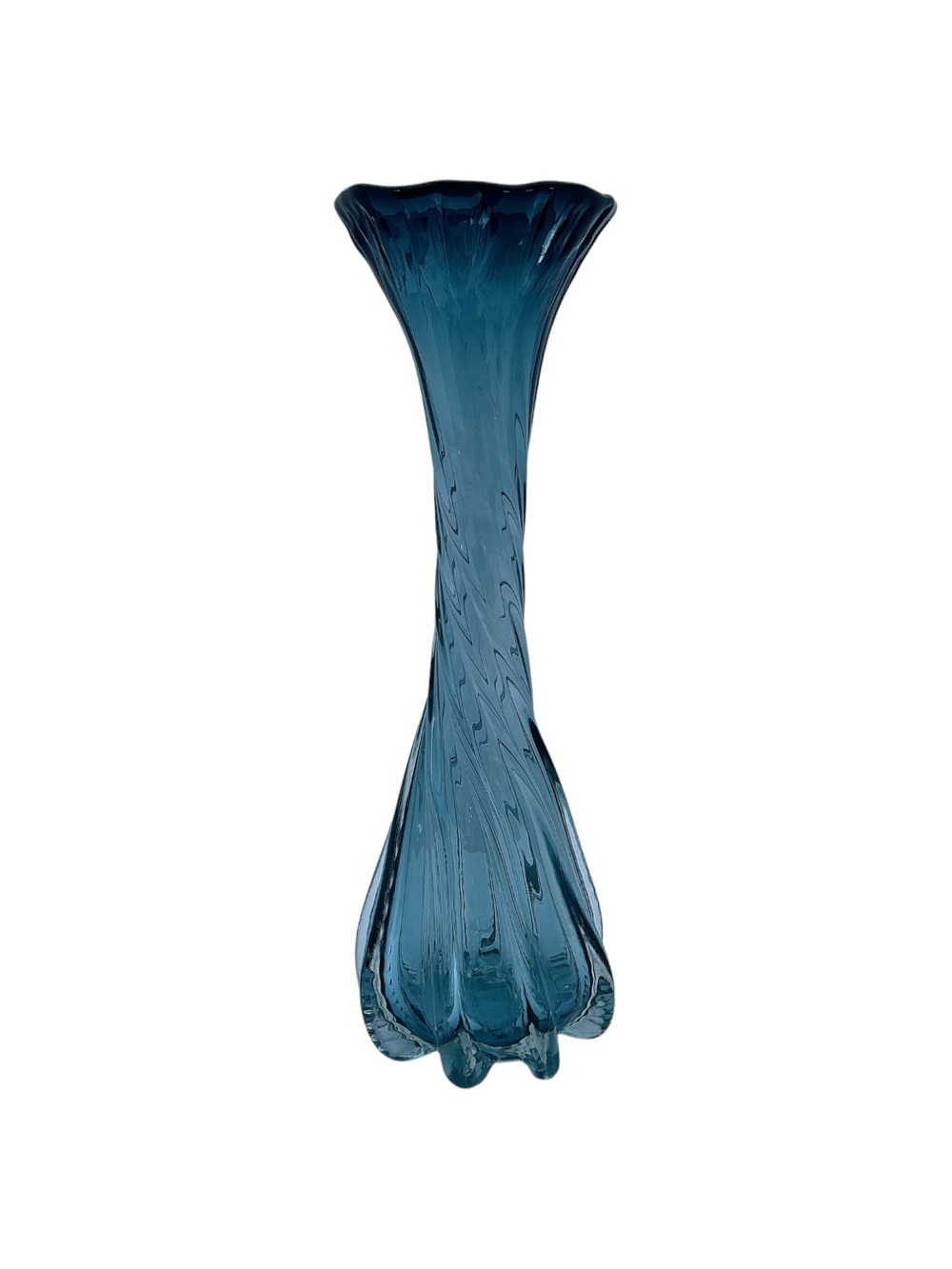 Hand Blown Art Glass Ruffled Footed Vase 16” Tall Blue Vintage - Picture 4 of 6